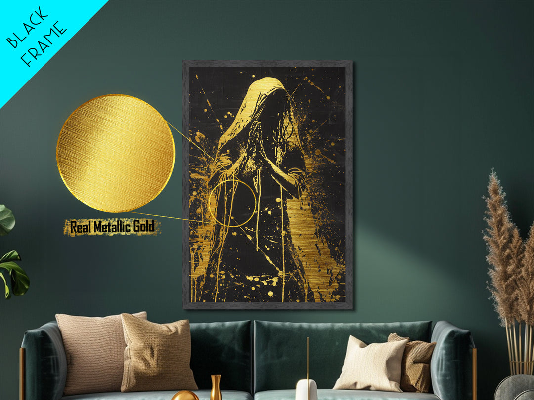 Dark Sacred Prayer Gothic Wall Hanging | Metallic Gold Art, Metal Art | Spooky Halloween Decor Framed in Natural Real Wood