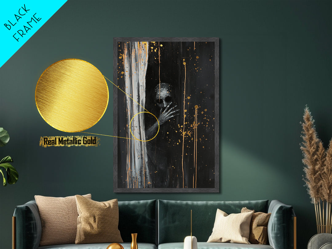 Creepy Skull Behind Curtain | Metallic Gold Art + Metal Art | Haunted Gothic Wall Decor, Real Wood Frame for Halloween Vibes