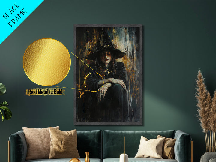 Witch in Shadows Gothic Portrait | Metallic Gold Art | Witchy Halloween Metal Art, Real Wood Frame for Spooky Wall Hanging