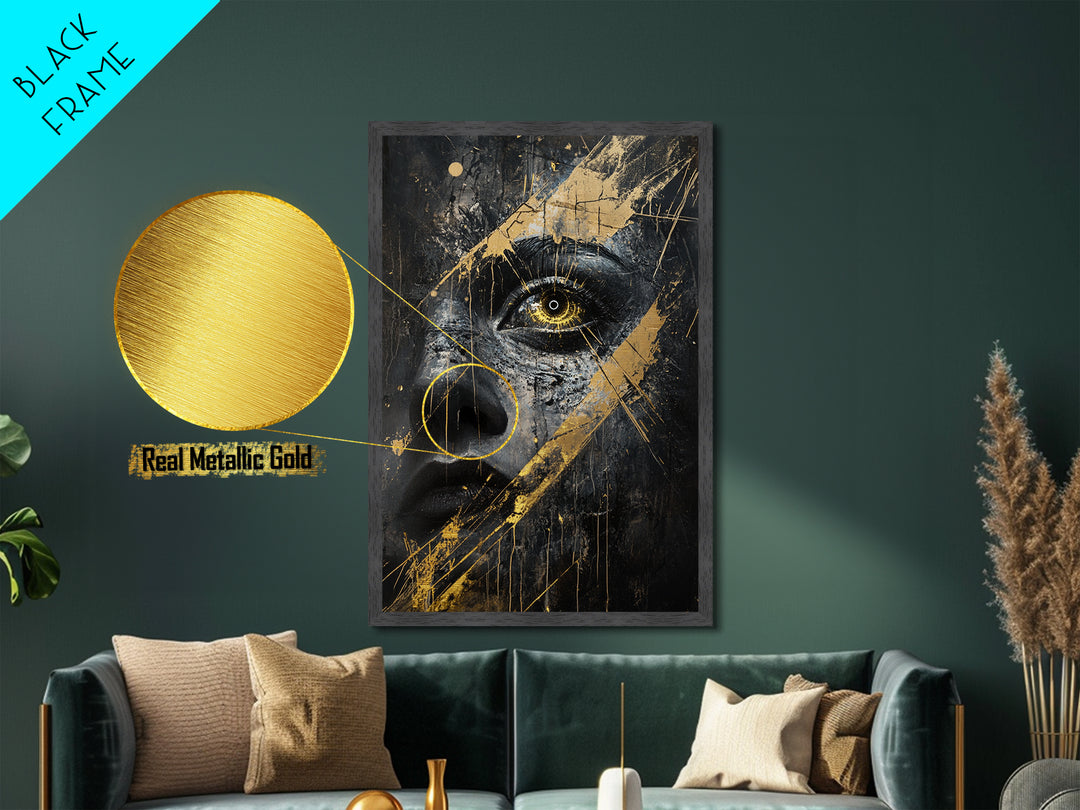 Golden Eye Haunted Portrait | Metallic Gold Art & Metal Art | Gothic Spooky Wall Decor, Real Wood Framed Halloween Artwork