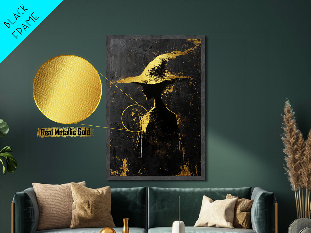 Witch Hat Silhouette Spooky Decor | Metallic Gold Art + Metal Art | Gothic Halloween Wall Hanging in Real Wood Frame