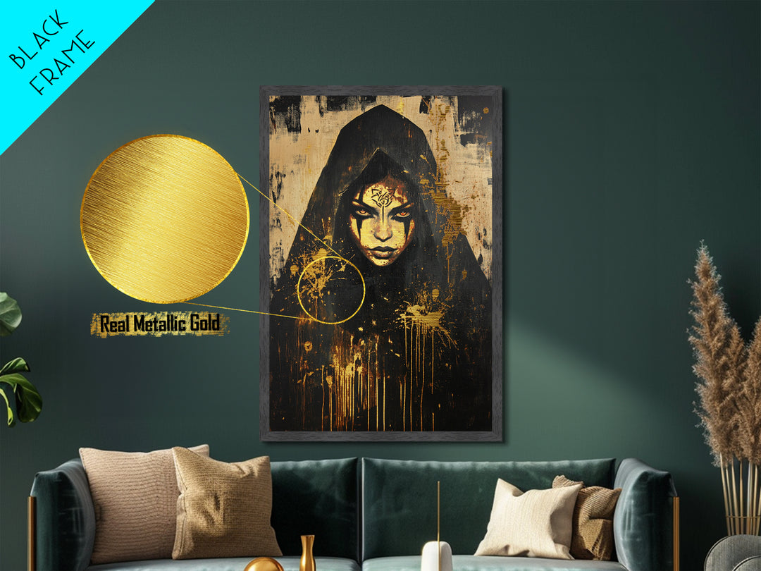 Cursed Priestess Gothic Portrait | Metallic Gold Art | Spooky Season Metal Art Decor, Real Wood Frame for Haunted Wall Art