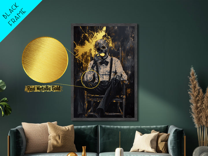 Skeleton Gentleman Gothic Wall Decor | Metallic Gold Art + Metal Art | Creepy Halloween Artwork, Real Wood Frame Display