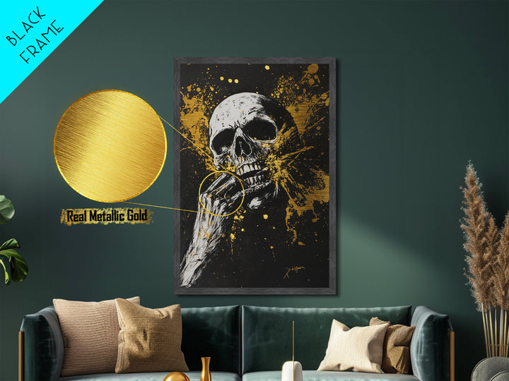 Haunted Skull Metallic Gold Art, Creepy Horror Skeleton Metal Art with Gothic Splatter Style, framed in natural real wood