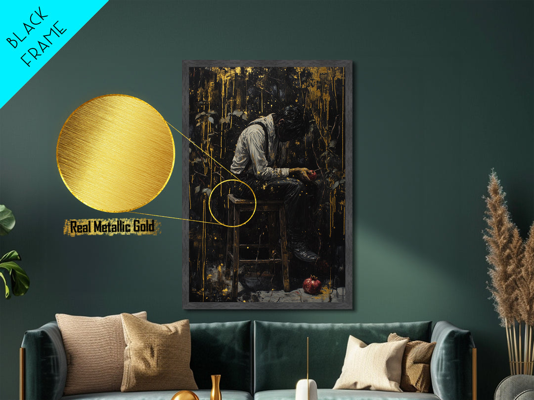 Spooky Gothic Metallic Gold Art, Dark Halloween Portrait Metal Art of Man with Pomegranate, mounted in handcrafted wood frame