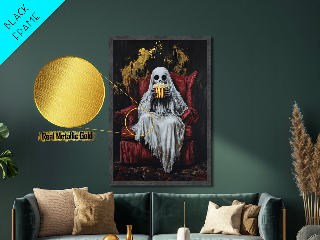 Ghostly Movie Night Metallic Gold Art, Creepy Skeleton Watching Horror Metal Art, Halloween Décor with real wood frame display