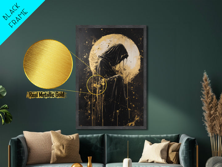 Grim Reaper Metallic Gold Art, Haunted Dark Hooded Figure Metal Art for Spooky Season, framed with natural real wood design