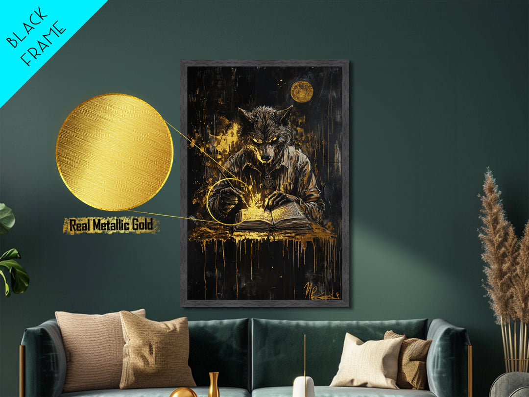 Werewolf Halloween Metallic Gold Art, Spooky Wolf Writing Spellbook Metal Art, glowing horror décor with real wood frame accent