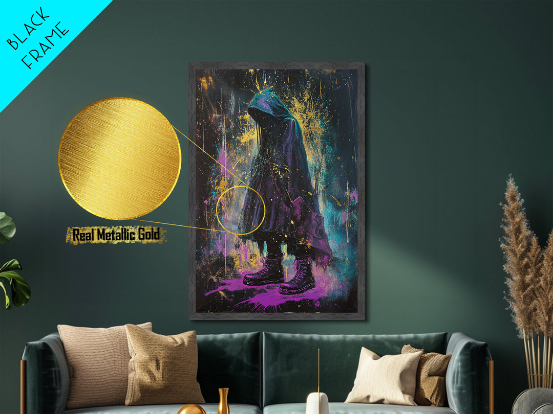 Witchy Hooded Figure Metallic Gold Art, Gothic Halloween Metal Art in Purple and Gold Splatter, real wood frame handmade design