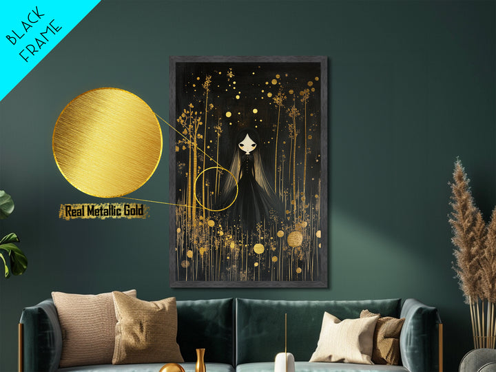 Spooky Cute Girl Metallic Gold Art, Creepy Halloween Witchy Doll Metal Art with Gold Forest Background, set in real wood frame