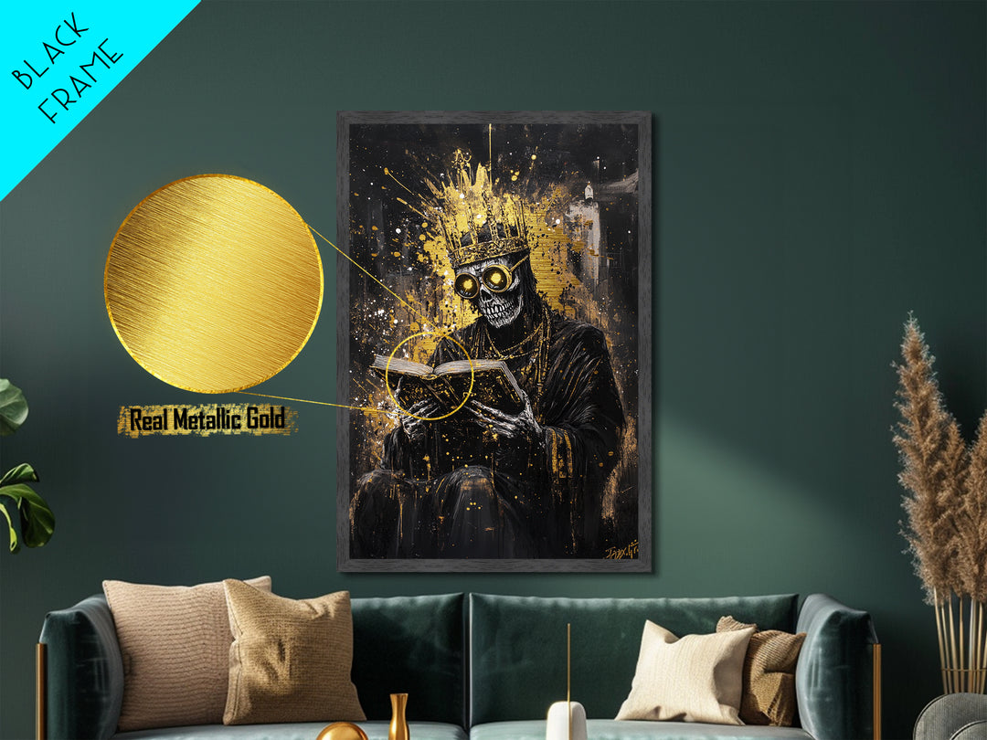 Haunted King Skeleton Metallic Gold Art, Gothic Crowned Figure Metal Art with Horror Style, framed in premium real wood décor