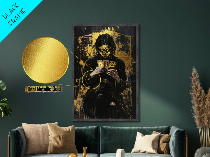Tarot Witch Metallic Gold Art, Creepy Spooky Season Metal Art with Haunted Masked Fortune Teller, natural real wood frame finish