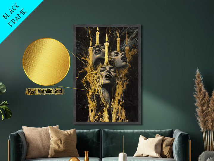 Haunted Candle Gothic Faces Metallic Gold Art, Spooky Season Horror Metal Art Wall Decor, framed in natural real wood