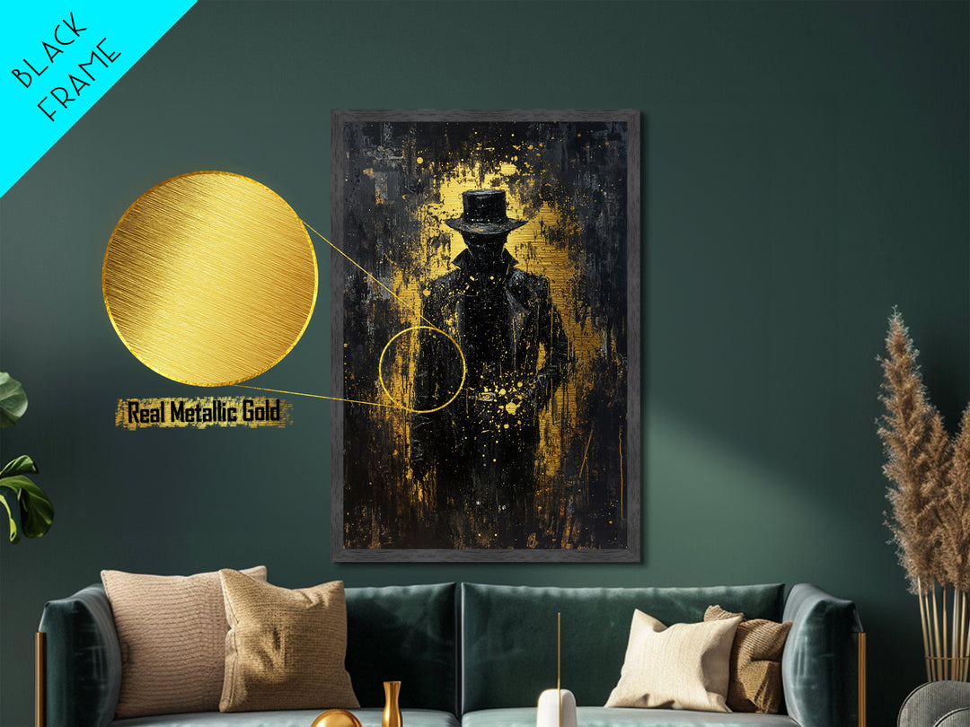 Dark Cowboy Horror Silhouette Metallic Gold Art, Spooky Season Creepy Western Metal Art, with real wood frame display