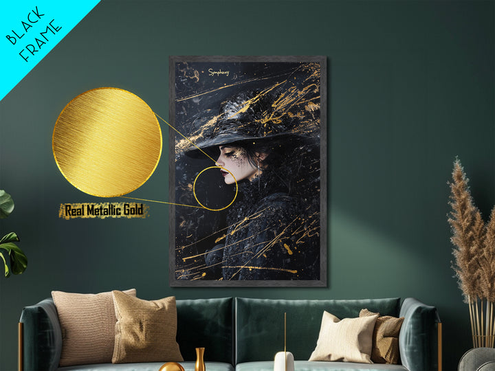 Witchy Woman Profile Metallic Gold Art, Gothic Spooky Season Metal Art Portrait, handcrafted and framed in real wood