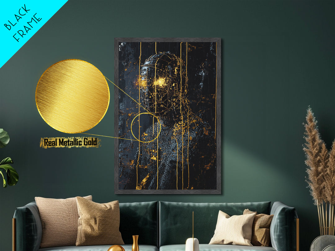 Cyber Horror Mask Metallic Gold Art, Creepy Halloween Techno Gothic Metal Art Portrait, framed with natural real wood