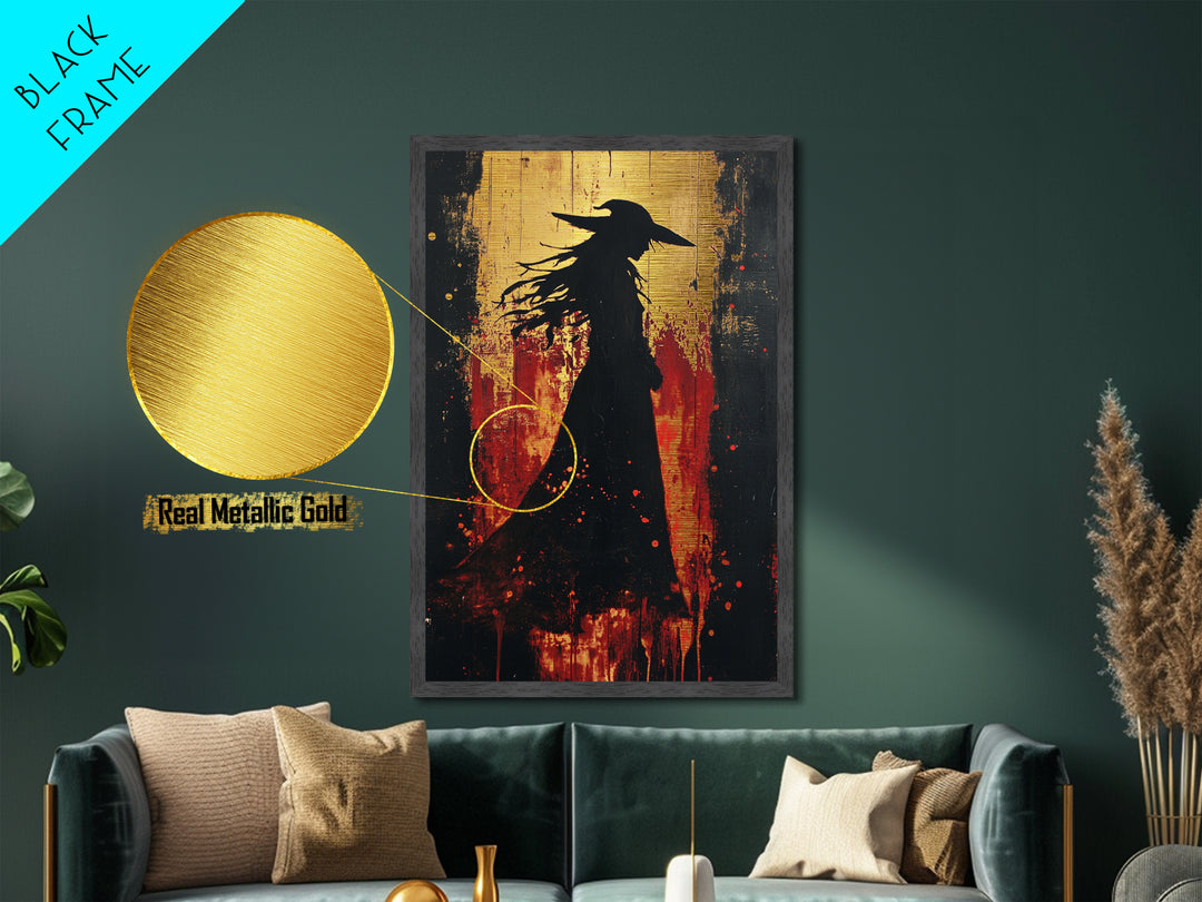 Witch Silhouette Blood Red Metallic Gold Art, Spooky Season Gothic Metal Art Painting, Halloween wall decor with wood frame