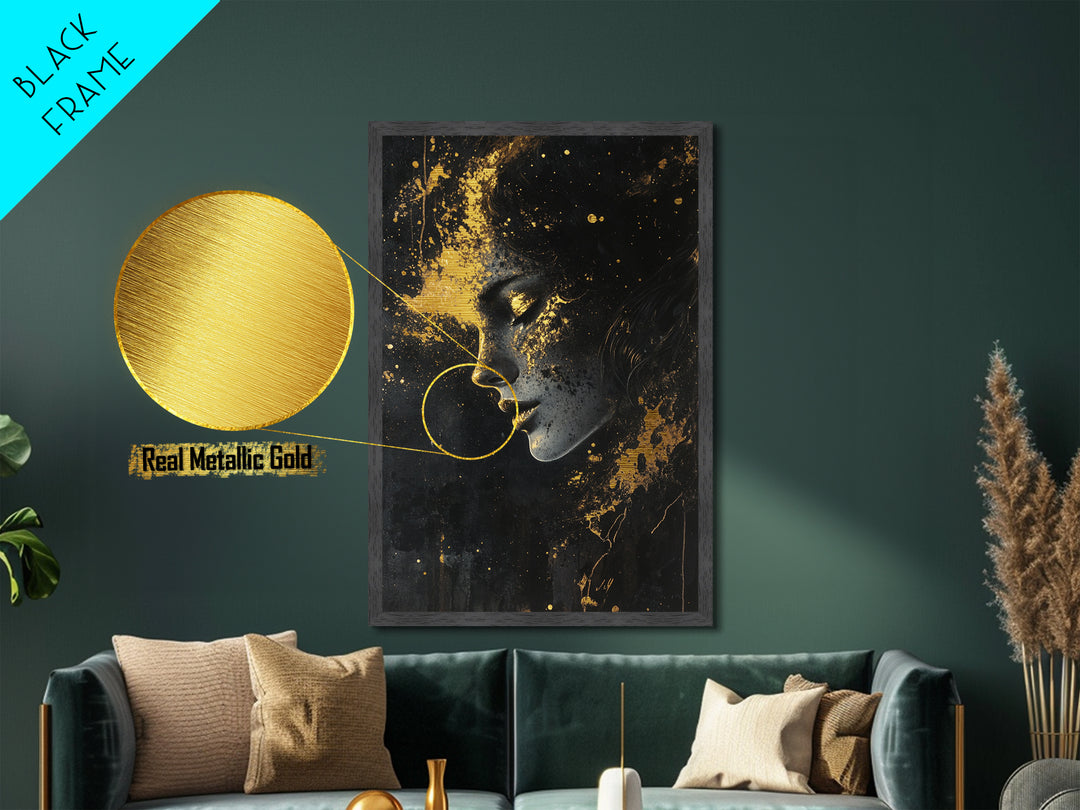 Ethereal Haunted Face Metallic Gold Art, Spooky Season Gothic Glow Metal Art Portrait, crafted and framed in real wood