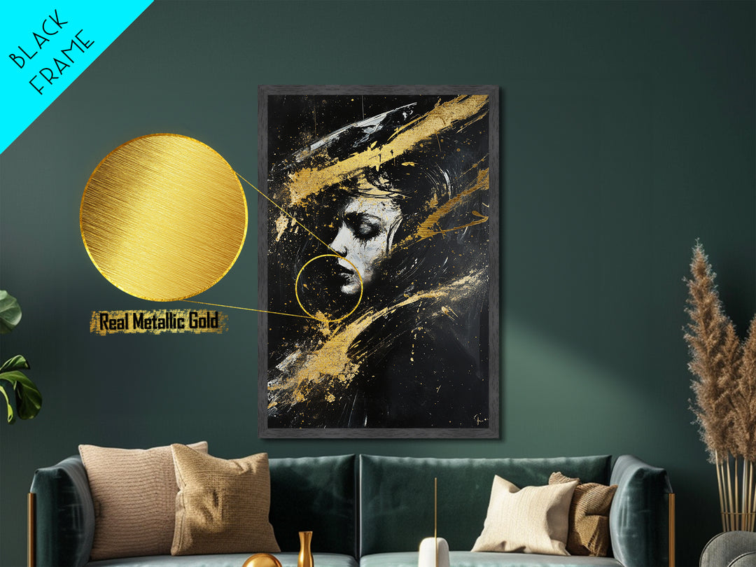 Abstract Haunted Portrait Metallic Gold Art, Gothic Spooky Season Metal Art Face Painting, framed in rustic real wood