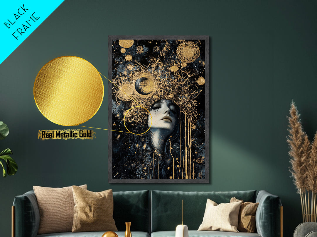 Celestial Gothic Queen Metallic Gold Art, Spooky Season Witchy Cosmic Metal Art, Halloween horror decor in real wood frame
