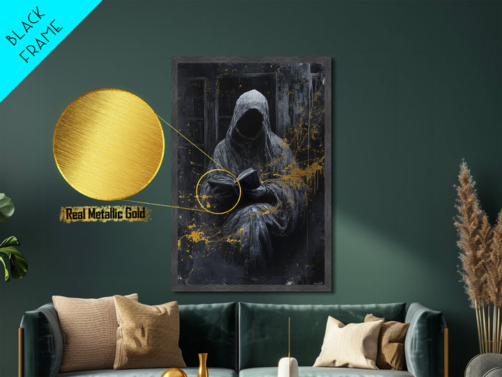 Hooded Grim Reader Metallic Gold Art, Haunted Spooky Season Horror Metal Art Wall Decor, with natural wood frame finish