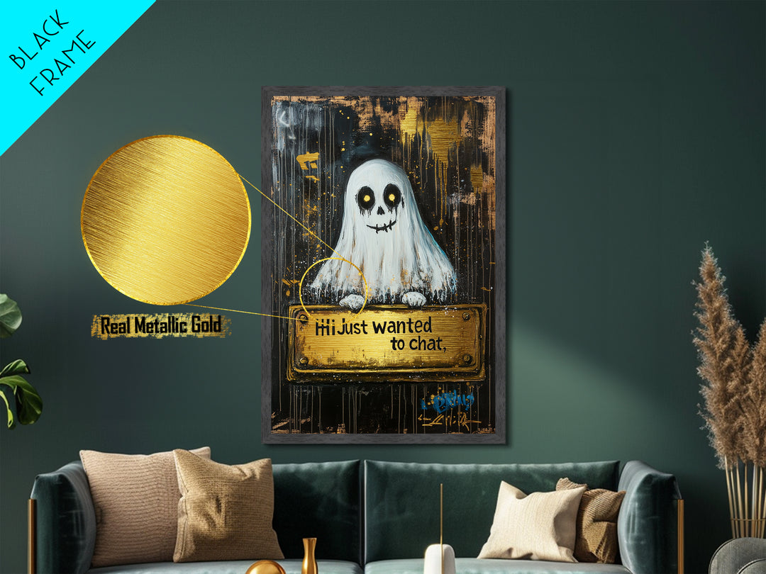 Spooky Ghost Greeting Wall Decor, Metallic Gold Art Metal Art with Natural Wood Frame, Halloween Haunted Gothic Artwork