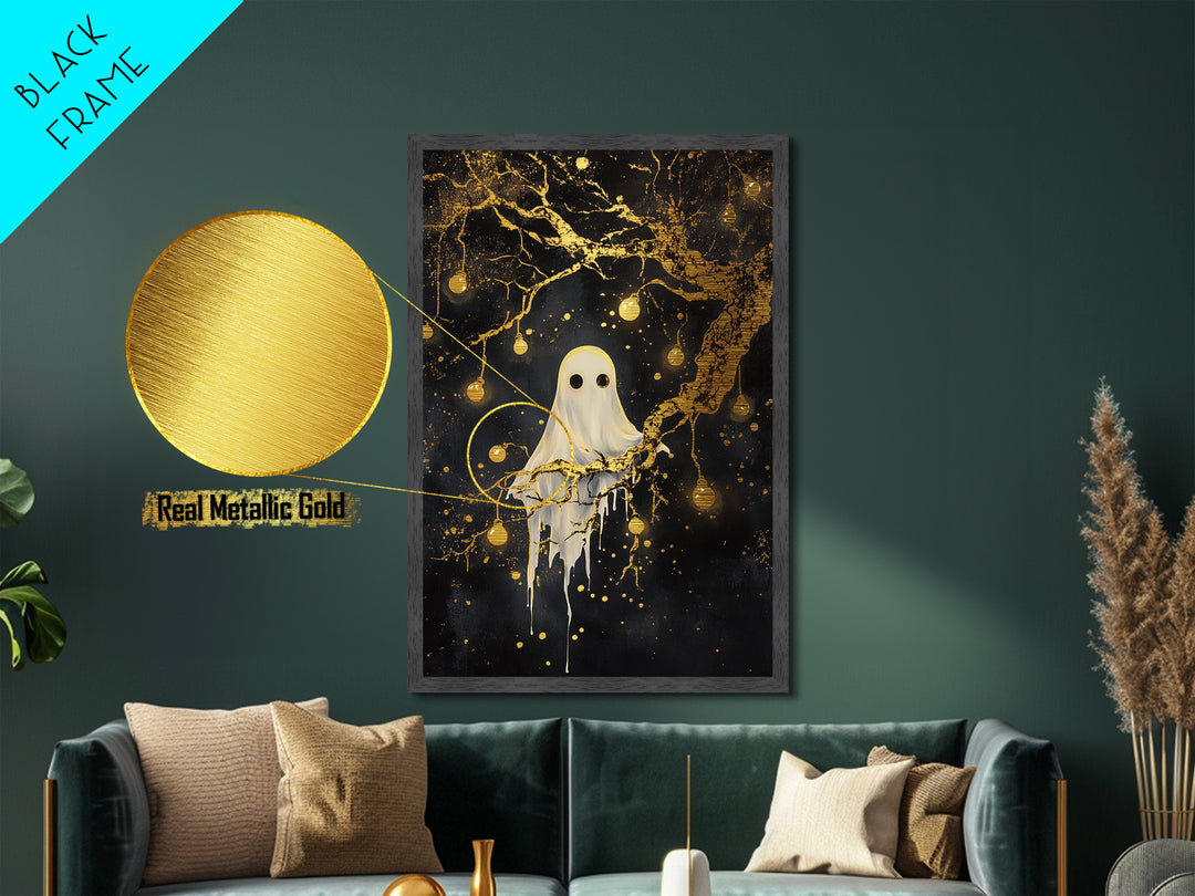 Haunted Tree Ghost Halloween Decor, Metal Art Metallic Gold Art in Real Wood Frame, Spooky Gothic Night Wall Hanging