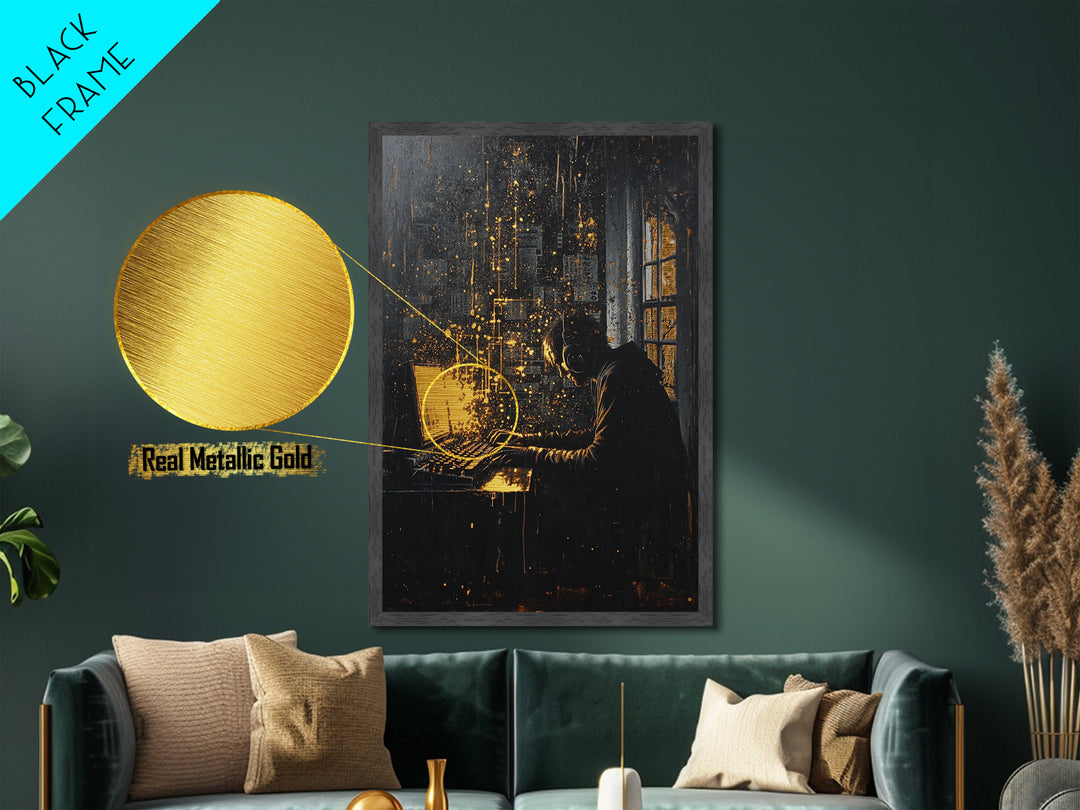 Dark Hacker at Computer Halloween Wall Art, Metallic Gold Art Metal Art Framed in Solid Wood, Spooky Tech Gothic Decor