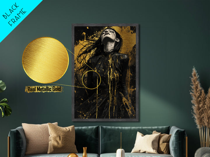 Dark Enchanted Woman Metallic Gold Art Metal Art Spooky Gothic Halloween Horror Wall Hanging framed with real wood