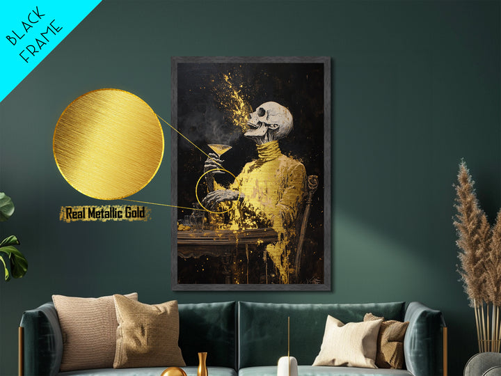 Skeleton Toasting Halloween Party Print, Metal Art Metallic Gold Art with Real Wood Frame, Gothic Haunted Bar Wall Decor