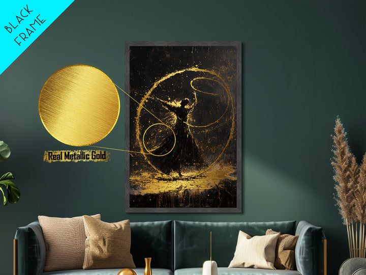 Witchy Dance Circle Halloween Painting, Metallic Gold Art Metal Art Framed in Natural Wood, Spooky Magical Gothic Artwork