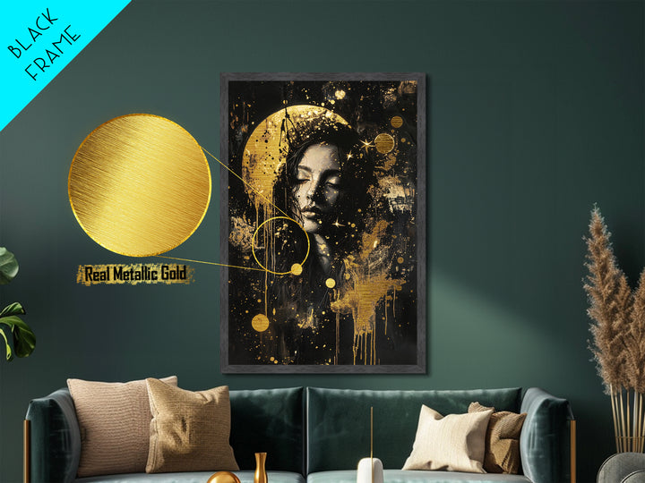 Moonlit Gothic Woman Halloween Portrait, Metal Art Metallic Gold Art in Real Wood Frame, Haunted Spooky Season Wall Decor