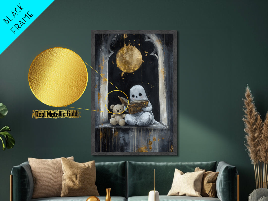 Cute Ghost Reading Book Halloween Print, Metallic Gold Art Metal Art with Wooden Frame, Spooky Nursery Haunted Wall Art