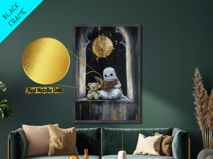 Cute Ghost Reading Book Halloween Print, Metallic Gold Art Metal Art with Wooden Frame, Spooky Nursery Haunted Wall Art