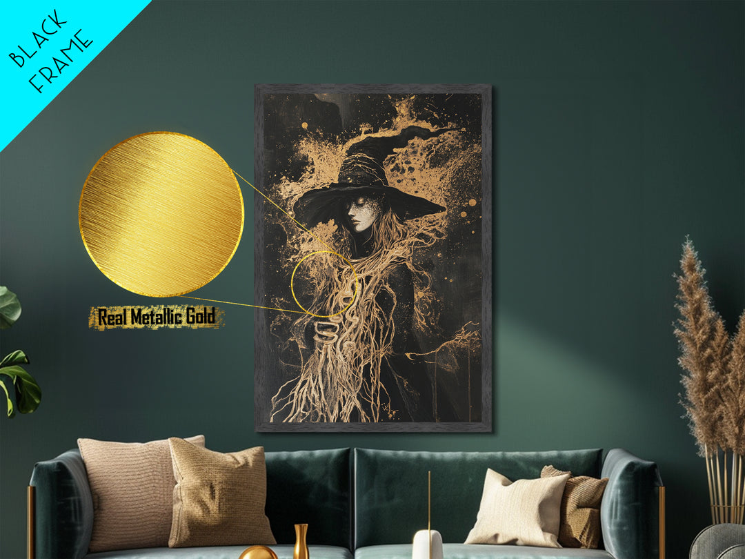 Witch with Serpent Roots Halloween Art, Metallic Gold Art Metal Art in Framed Wood, Gothic Spooky Season Haunted Decor
