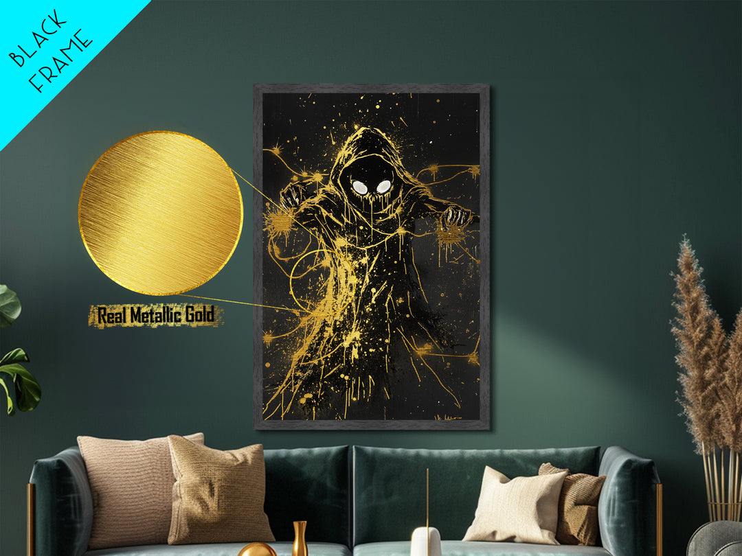 Hooded Reaper Halloween Wall Hanging, Metal Art Metallic Gold Art with Real Wood Frame, Creepy Spooky Haunted Gothic Print