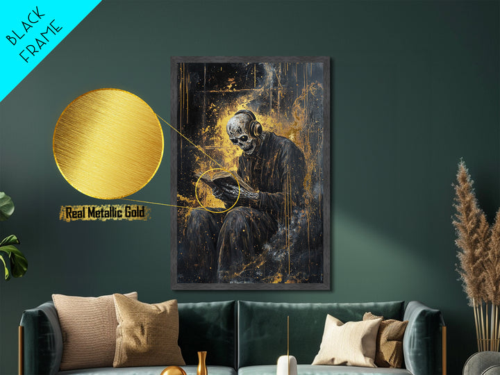 Skeleton Reading Book with Headphones Metallic Gold Art Metal Art | Gothic Spooky Halloween Wall Décor in Natural Wood Frame