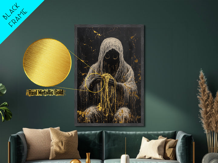Creepy Hooded Figure with Threads Metallic Gold Art Metal Art | Haunted Gothic Halloween Wall Décor Framed in Solid Wood