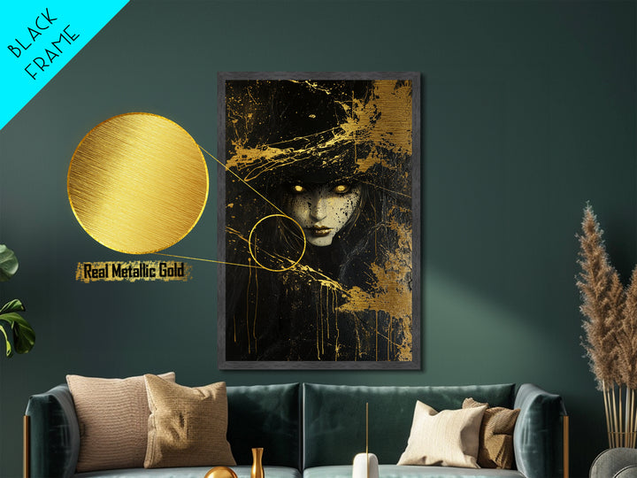 Golden Eyes Witch Metallic Gold Art Metal Art Spooky Gothic Halloween Horror Decor in authentic natural wood frame