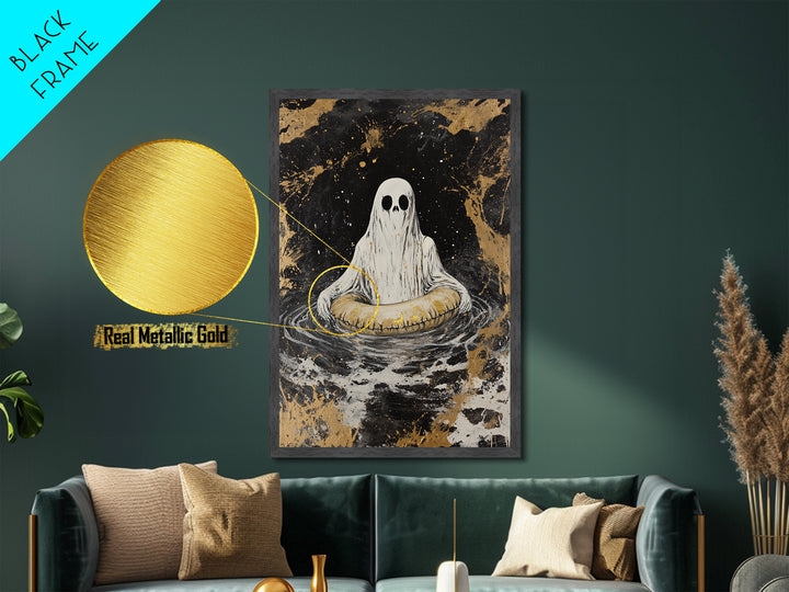 Ghost in Water with Inner Tube Metallic Gold Art Metal Art | Spooky Halloween Spirit Painting Gothic Horror Art with Wood Frame