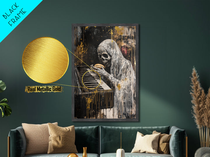 Skeleton at Piano Metallic Gold Art Metal Art Spooky Gothic Halloween Horror Wall Hanging in rustic real wood framing