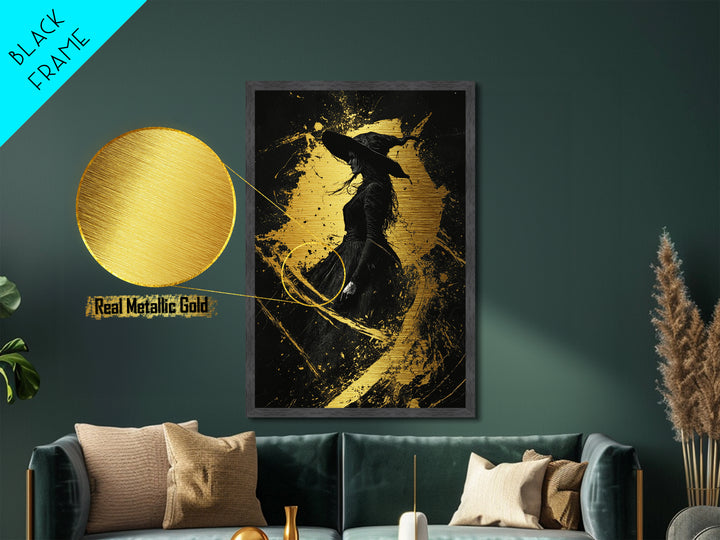 Haunted Witch Metallic Gold Art Metal Art Gothic Wall Decor With Real Wood Frame Spooky Halloween Witchy Home Accent