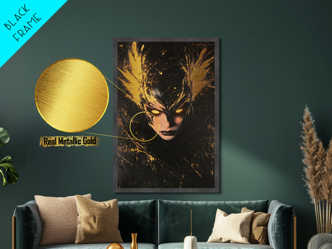 Dark Queen Metallic Gold Art Metal Art Horror Gothic Portrait With Handcrafted Wood Frame Spooky Halloween Wall Hanging