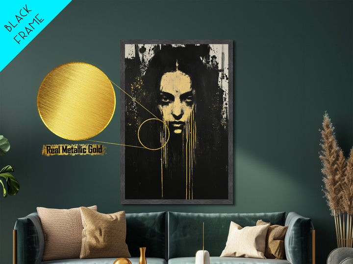 Gothic Horror Metallic Gold Art Metal Art Haunted Woman Portrait With Real Wood Framed Finish Spooky Halloween Wall Art