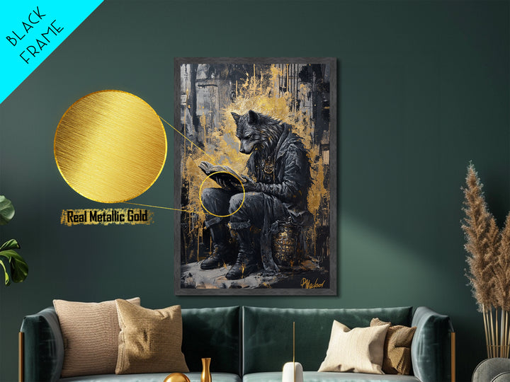 Haunted Wolf Scholar Reading Book | Spooky Halloween Gothic Metallic Gold Art | Framed Metal Art In Natural Real Wood