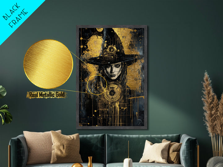 Witch In Gothic Hat With Symbols | Witchy Halloween Decor Metallic Gold Art | Intricate Metal Art Piece With Wood Frame