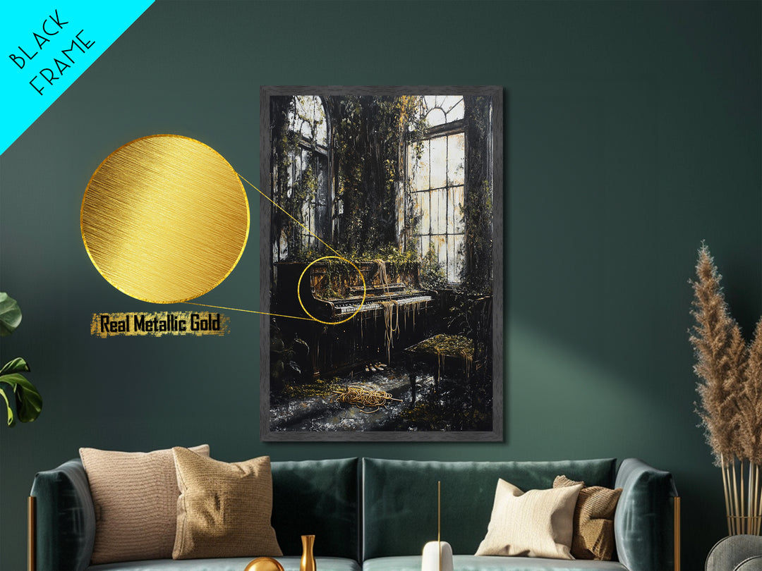 Haunted Abandoned Piano Room | Creepy Gothic Halloween Metallic Gold Art | Unique Metal Art Print With Framing In Wood