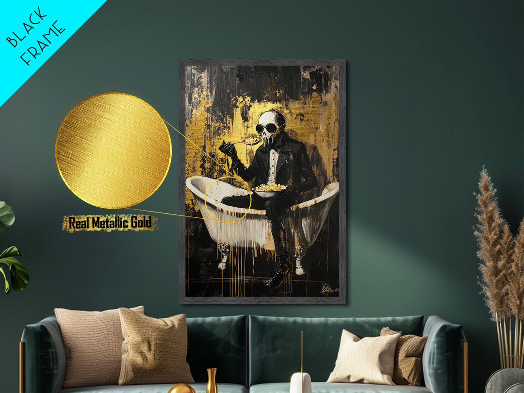 Skeleton Gentleman In Bathtub Eating | Dark Halloween Horror Metallic Gold Art | Macabre Metal Art Framed In Solid Wood