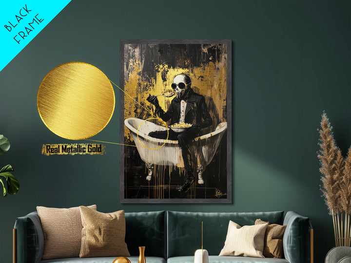 Skeleton Gentleman In Bathtub Eating | Dark Halloween Horror Metallic Gold Art | Macabre Metal Art Framed In Solid Wood