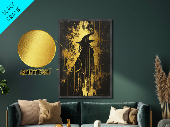 Witch Silhouette With Dripping Paint | Gothic Haunted Halloween Metallic Gold Art | Striking Metal Art Framed In Real Wood